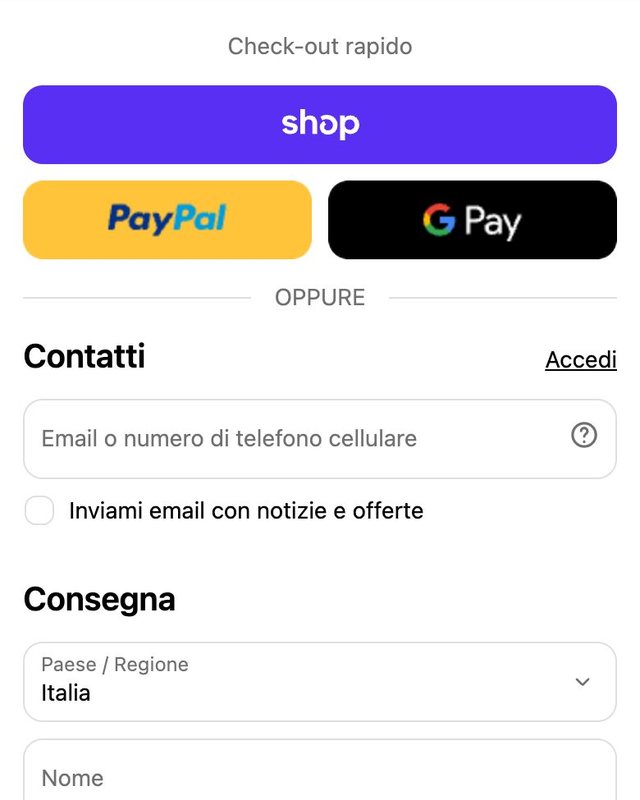Il checkout di cryin.it dal telefono: Shop Pay, PayPal e Google Pay